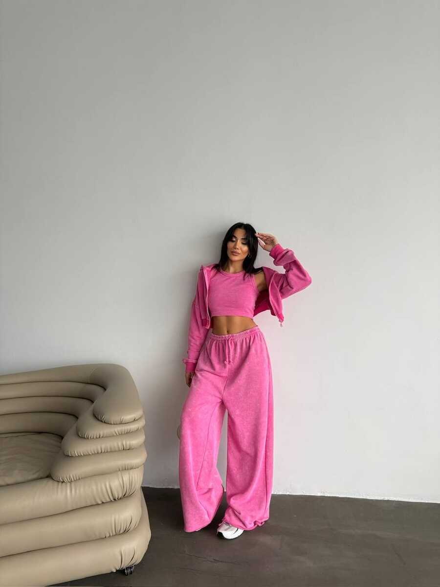 ÜÇ İPLİK YIKAMALI YUMUŞACIK TAKIM ÜÇLÜ SET PEMBE