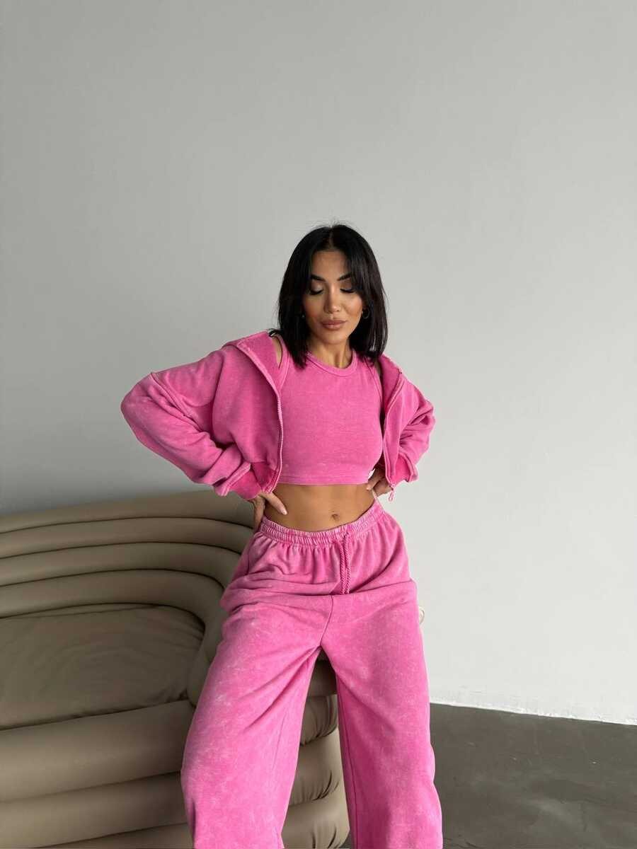 ÜÇ İPLİK YIKAMALI YUMUŞACIK TAKIM ÜÇLÜ SET PEMBE