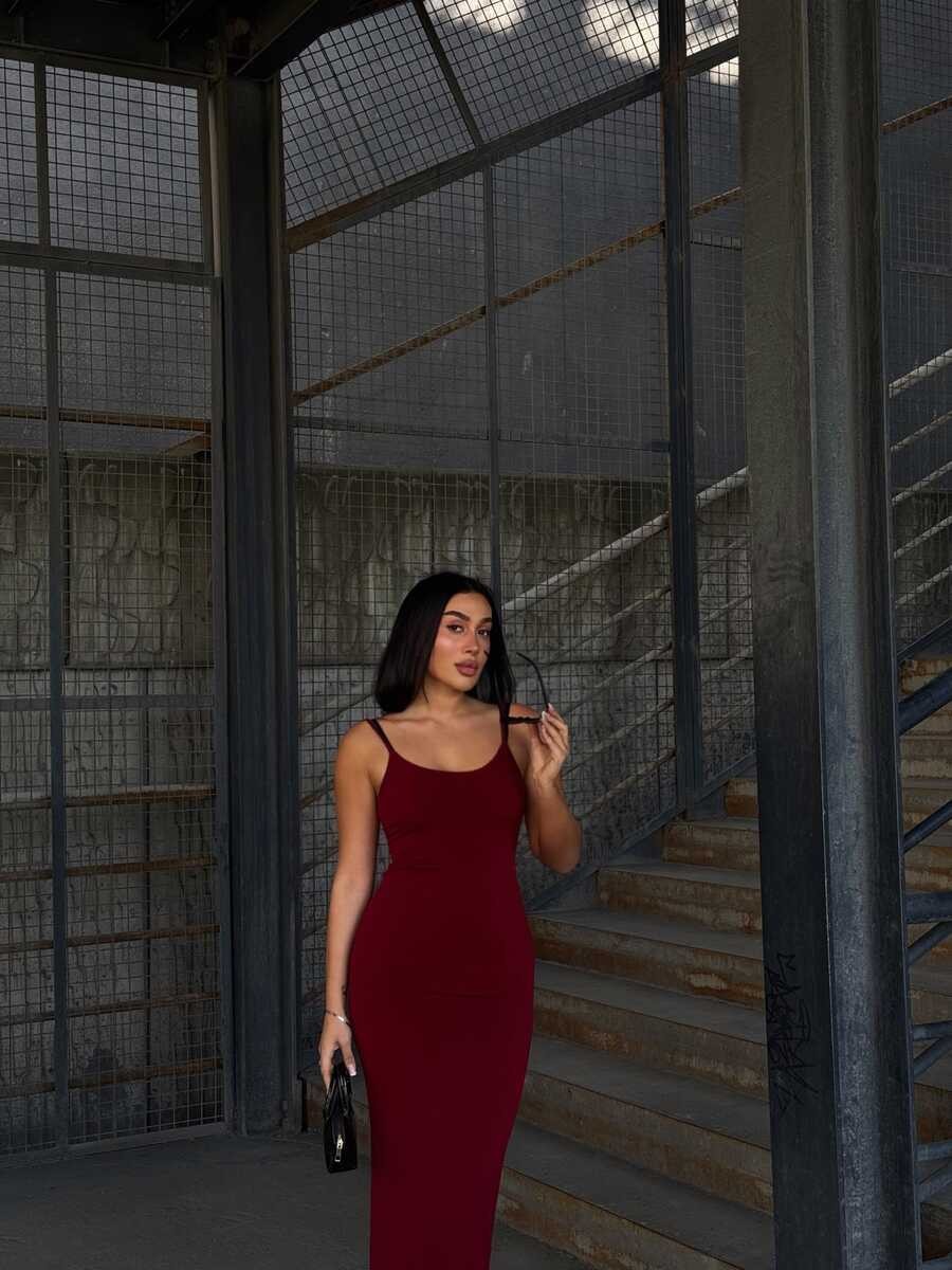 UZUN ASKILI SANDY ELBİSE BORDO