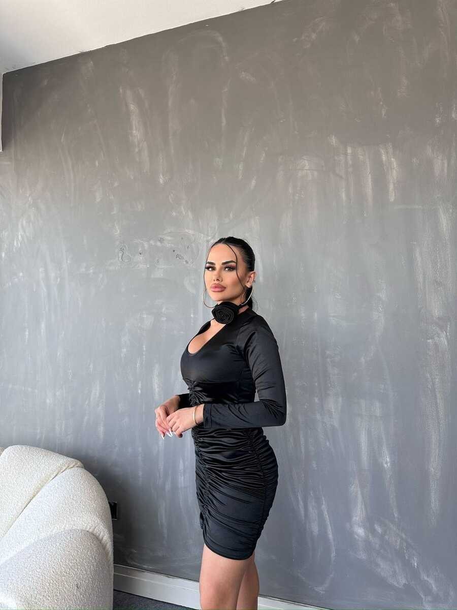 LİKRALI SATEN ELBİSE SİYAH