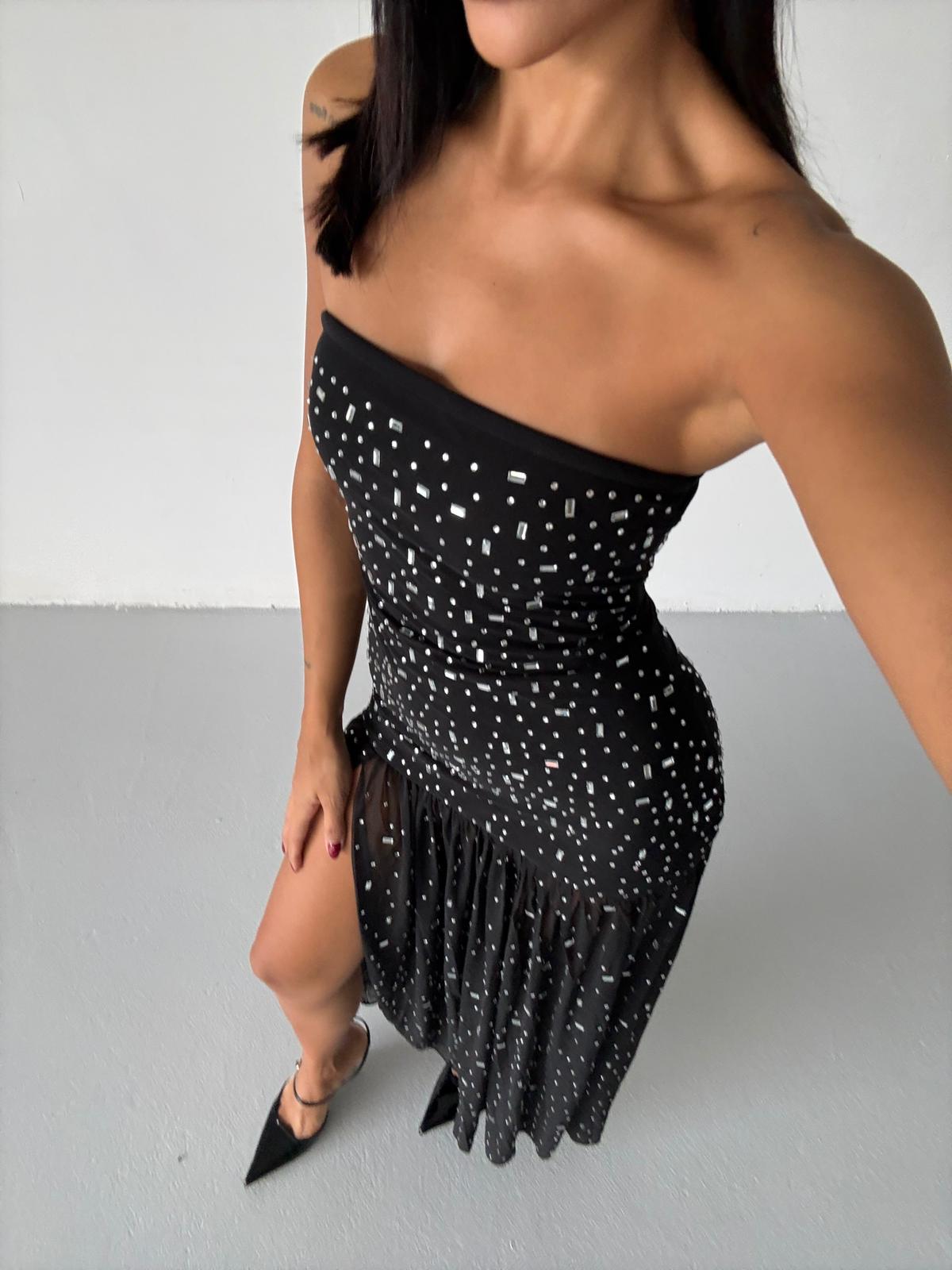 PARLAK TAŞLI UZUN ELBİSE - SİYAH