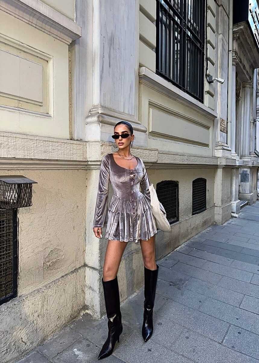 KADİFE KUMAŞ ELBİSE TAŞ