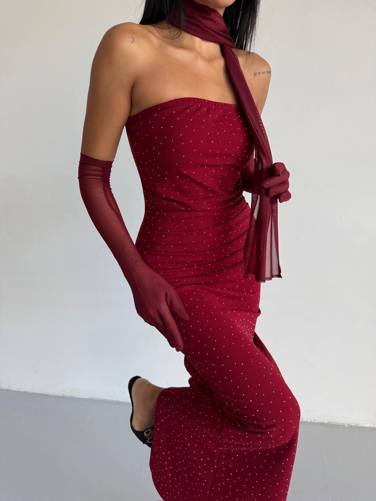 TÜL ELDİVENLİ ELBİSE  - BORDO