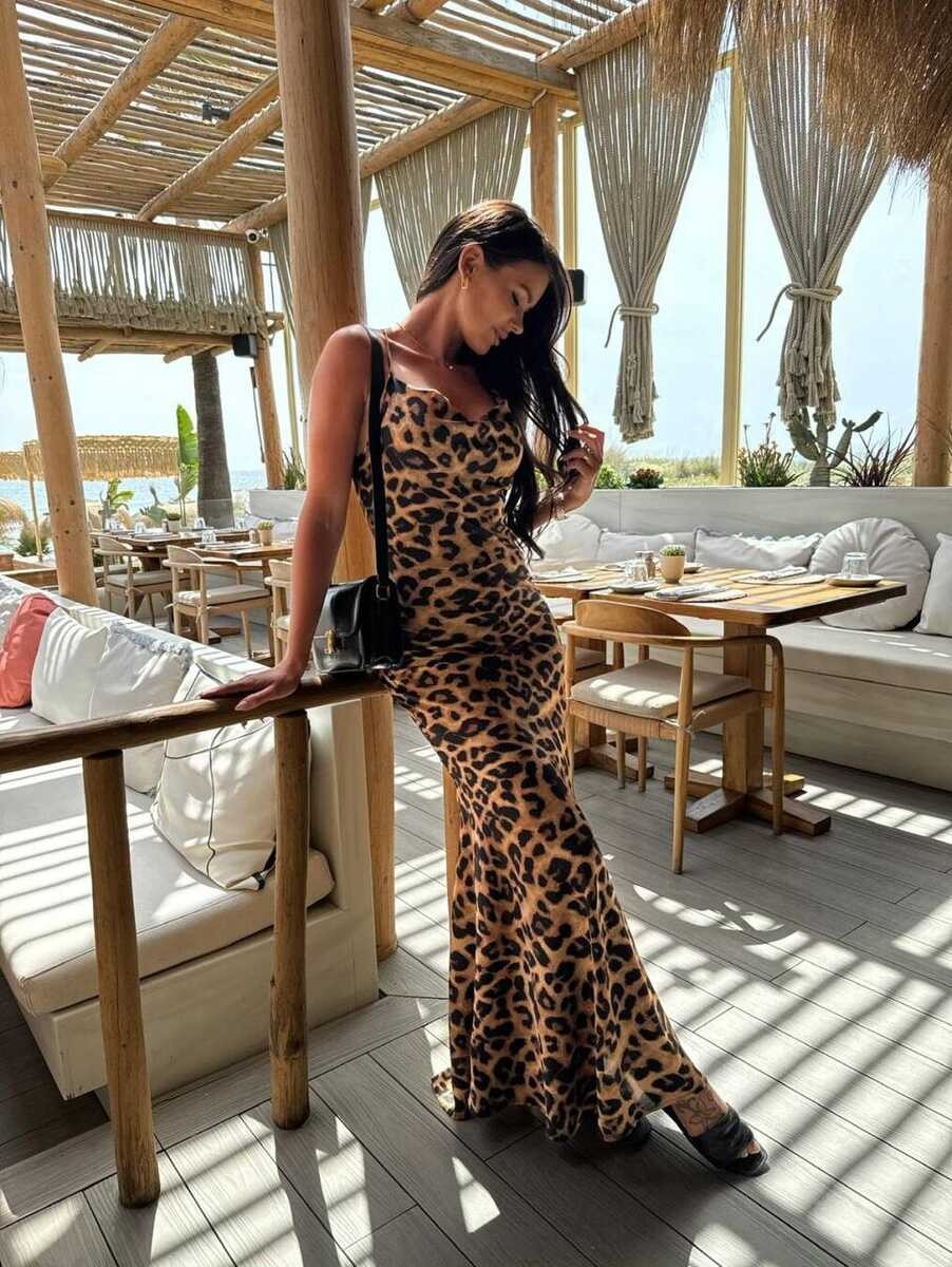 UZUN ASKILI ELBİSE LEOPAR DESENLİ