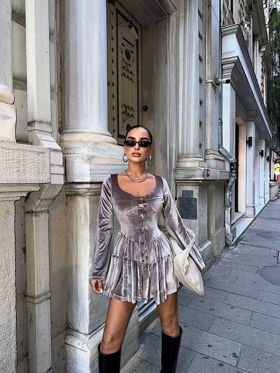 KADİFE KUMAŞ ELBİSE TAŞ