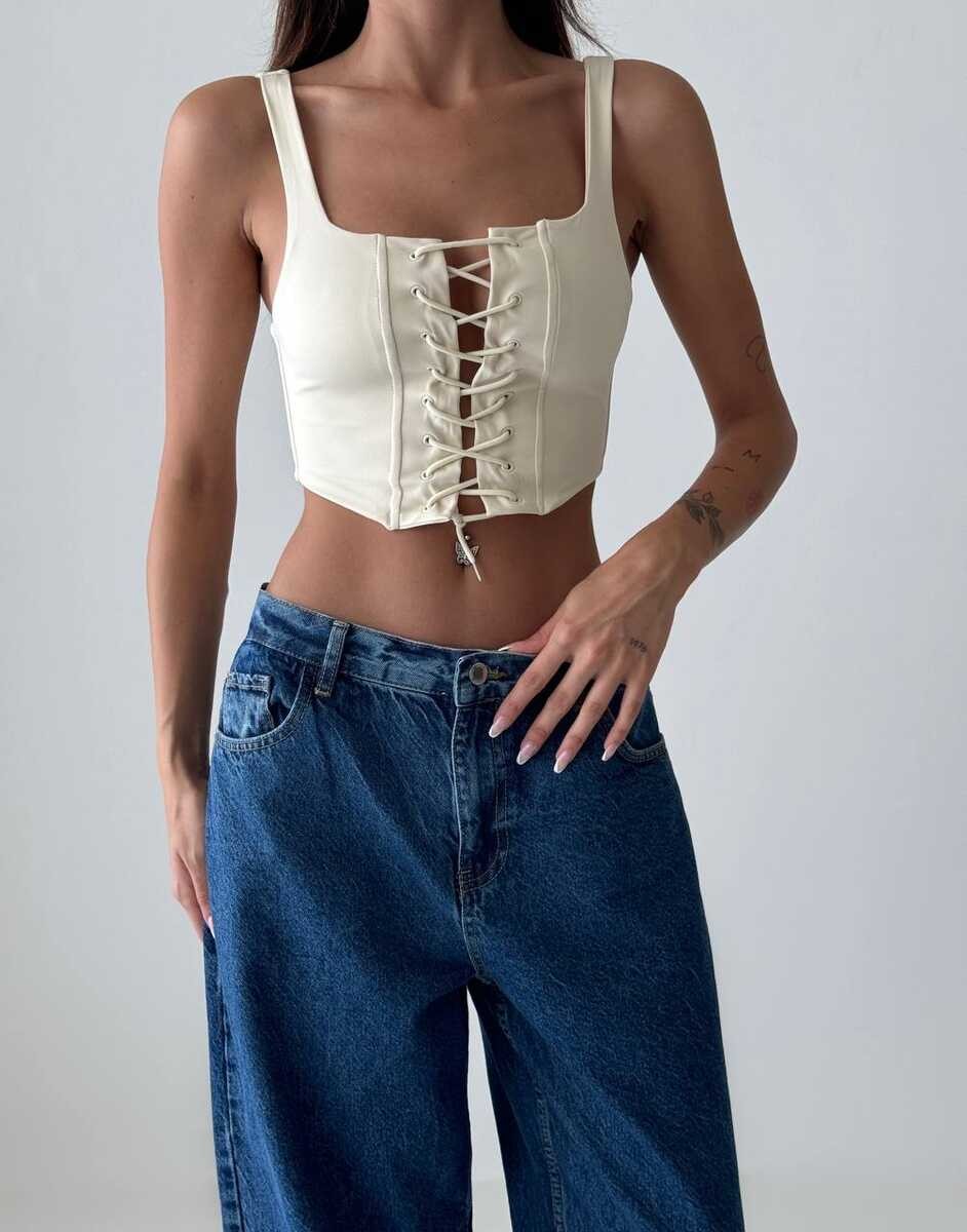 İP DETAYLI ASKILI CROP SARI