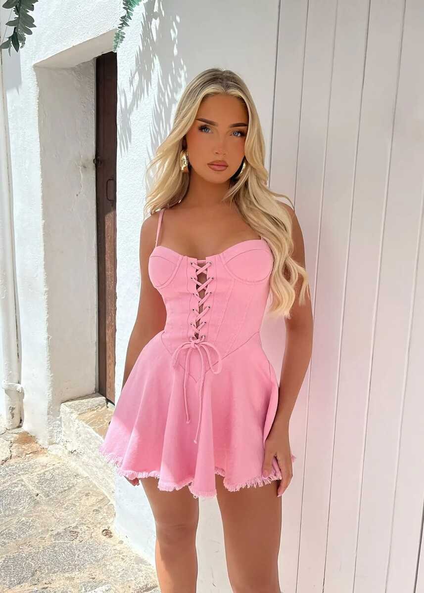KUŞ GÖZLÜ KOT ELBİSE PEMBE