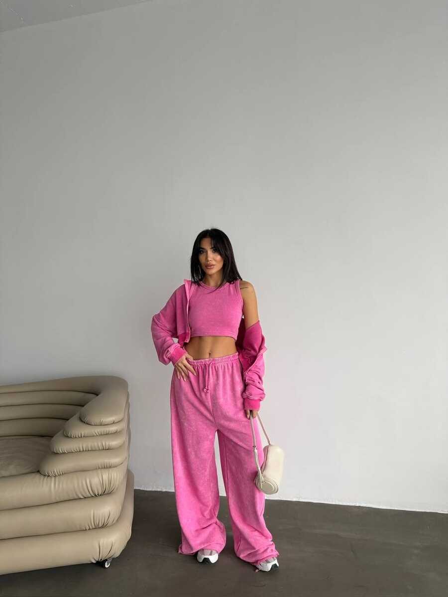 ÜÇ İPLİK YIKAMALI YUMUŞACIK TAKIM ÜÇLÜ SET PEMBE