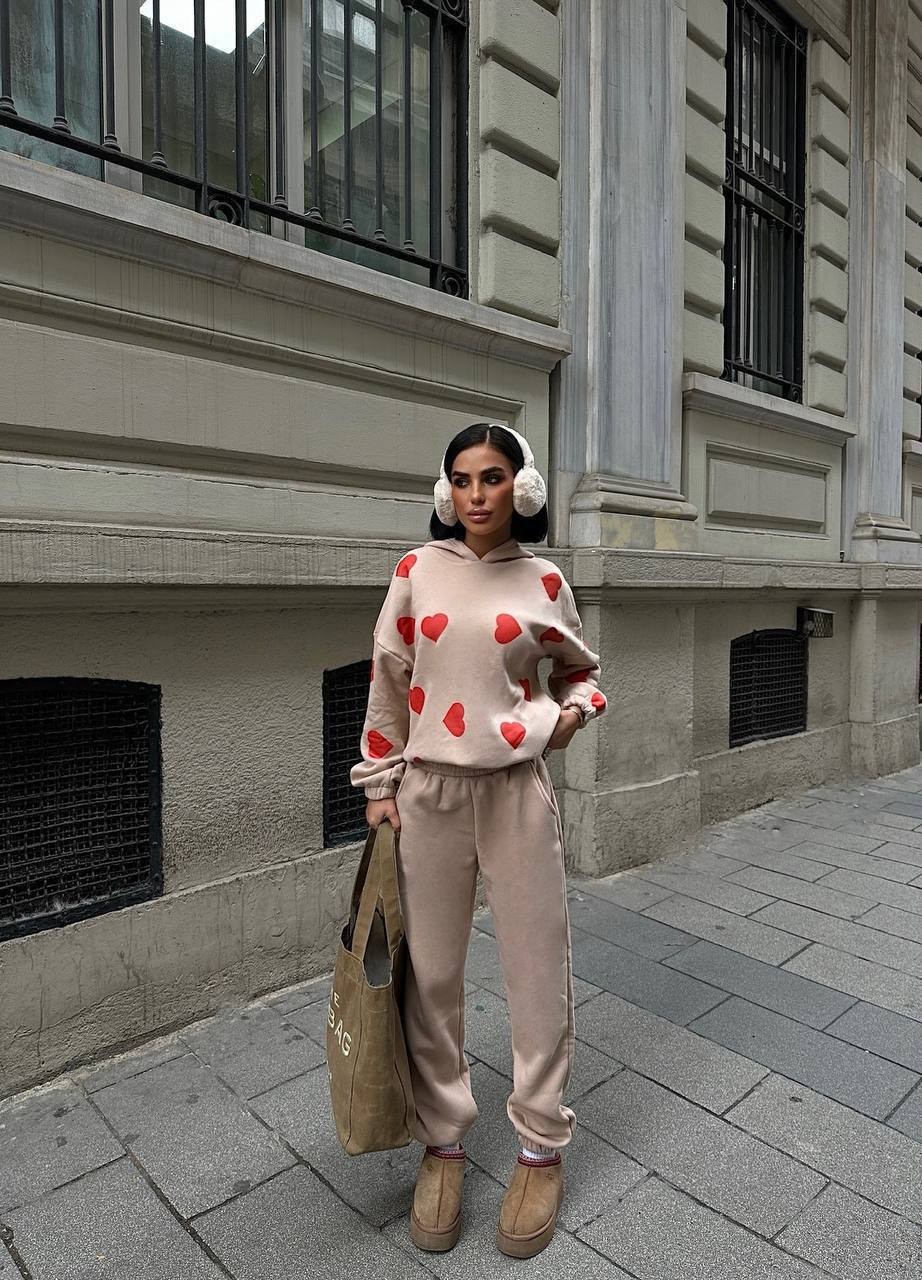 HEART PRINTED TWO PIECE SUIT - Cream
