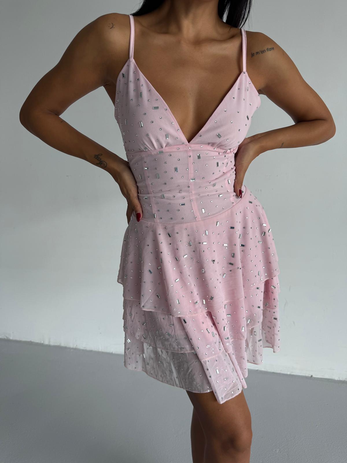 PARLAK TAŞLI ELBİSE - PEMBE