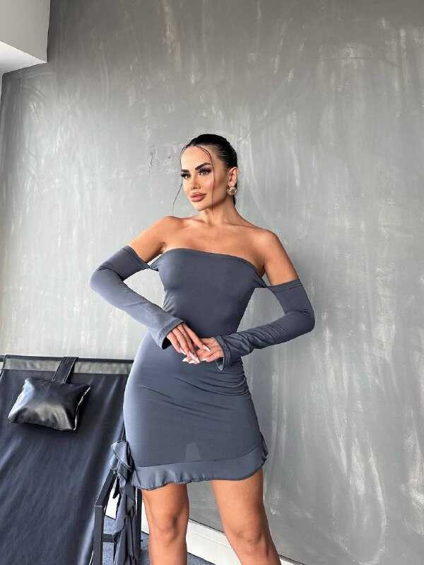 GÜL DETAYLI ELBİSE GRİ