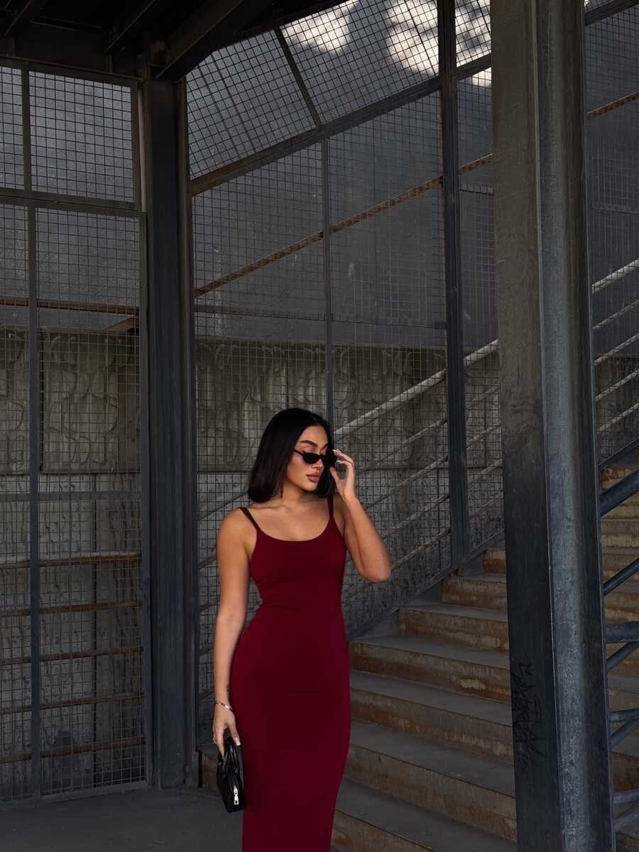 UZUN ASKILI SANDY ELBİSE BORDO