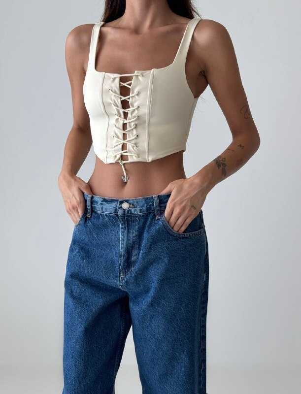 İP DETAYLI ASKILI CROP SARI