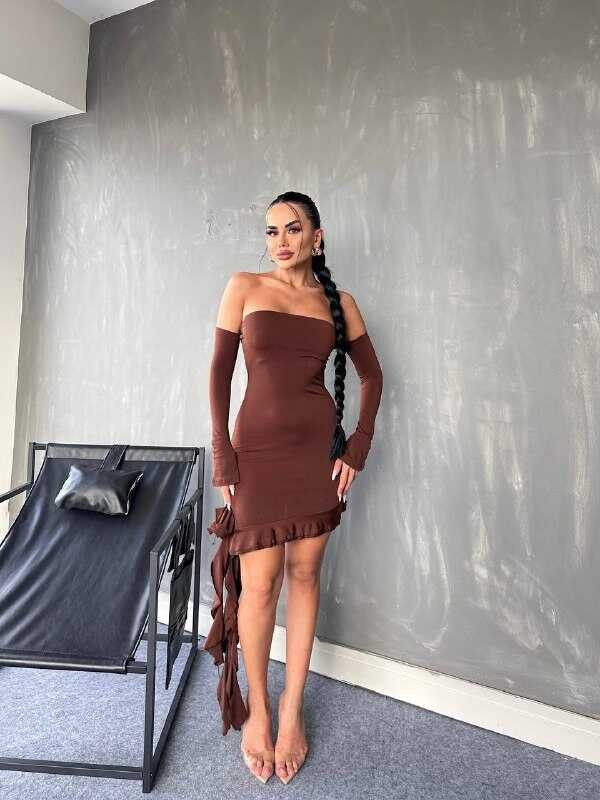 GÜL DETAYLI ELBİSE KAHVERENGİ