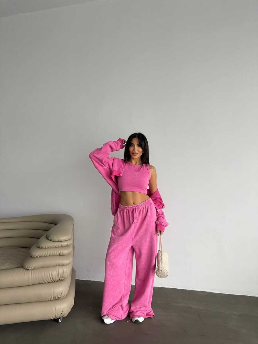 ÜÇ İPLİK YIKAMALI YUMUŞACIK TAKIM ÜÇLÜ SET PEMBE