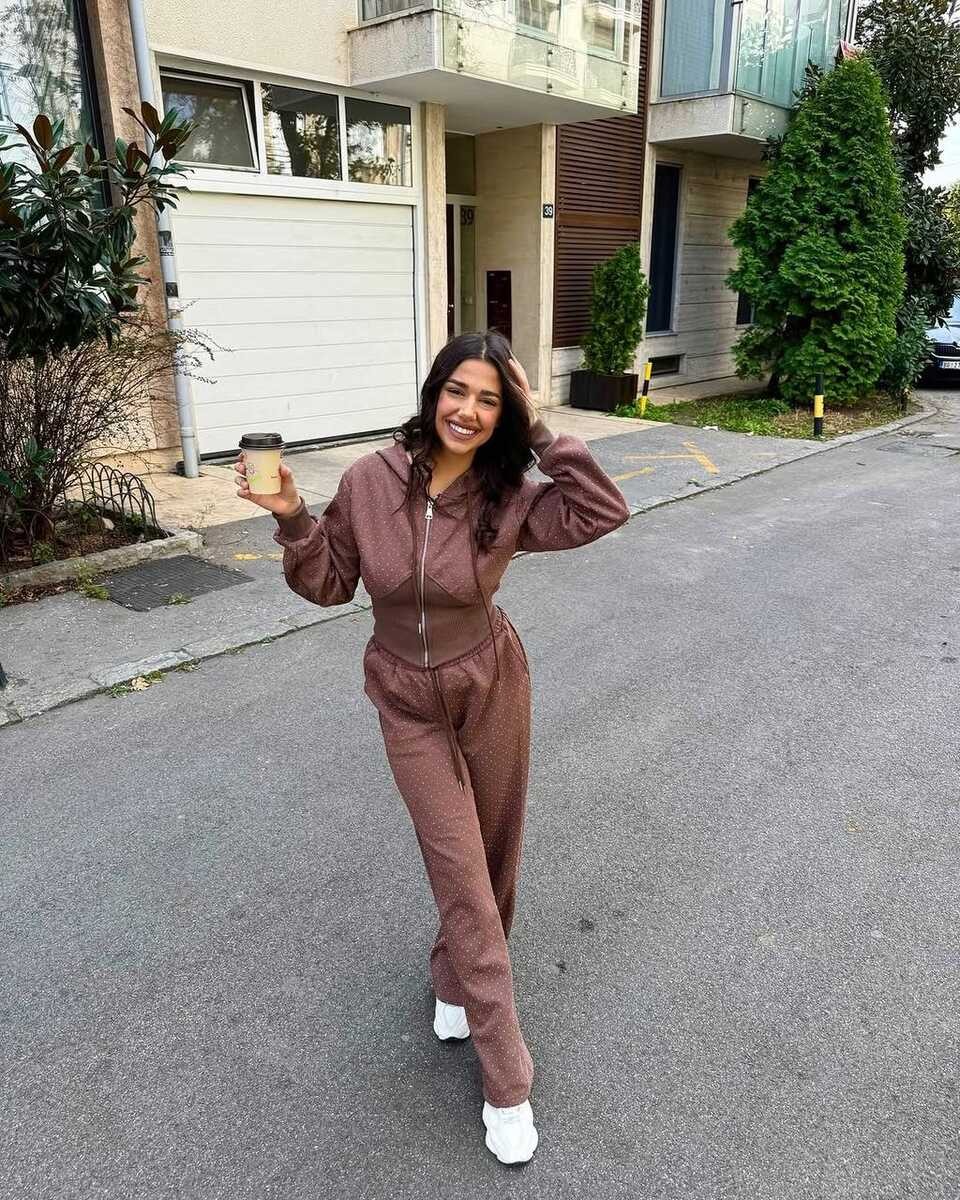 2Lİ TAŞ BASKILI TAKIM KAHVERENGİ