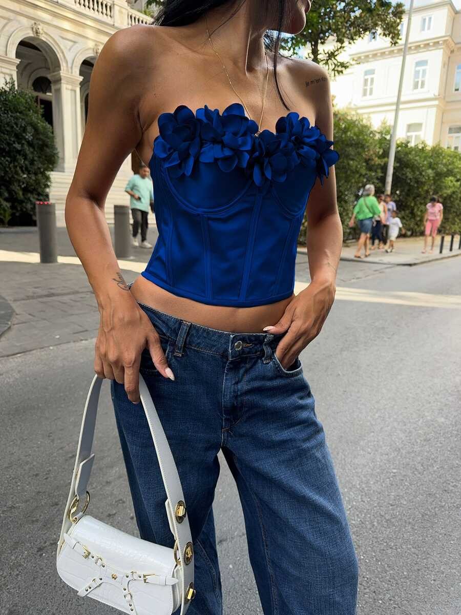 SATEN ÇİÇEKLİ BUSTIER MAVİ