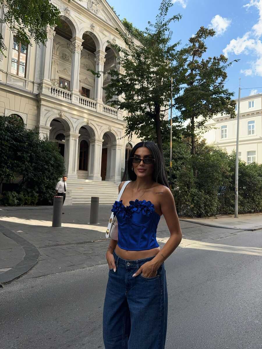 SATEN ÇİÇEKLİ BUSTIER MAVİ