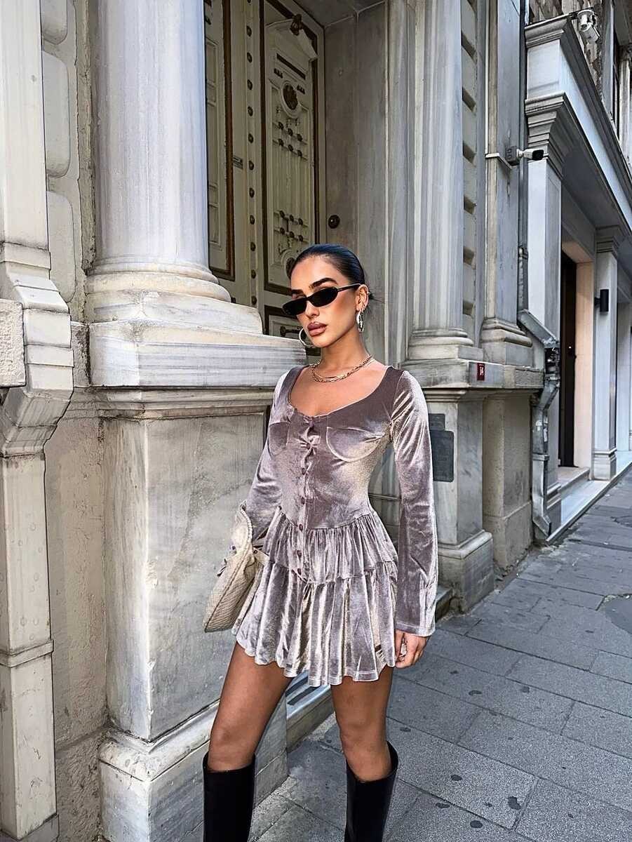 KADİFE KUMAŞ ELBİSE TAŞ