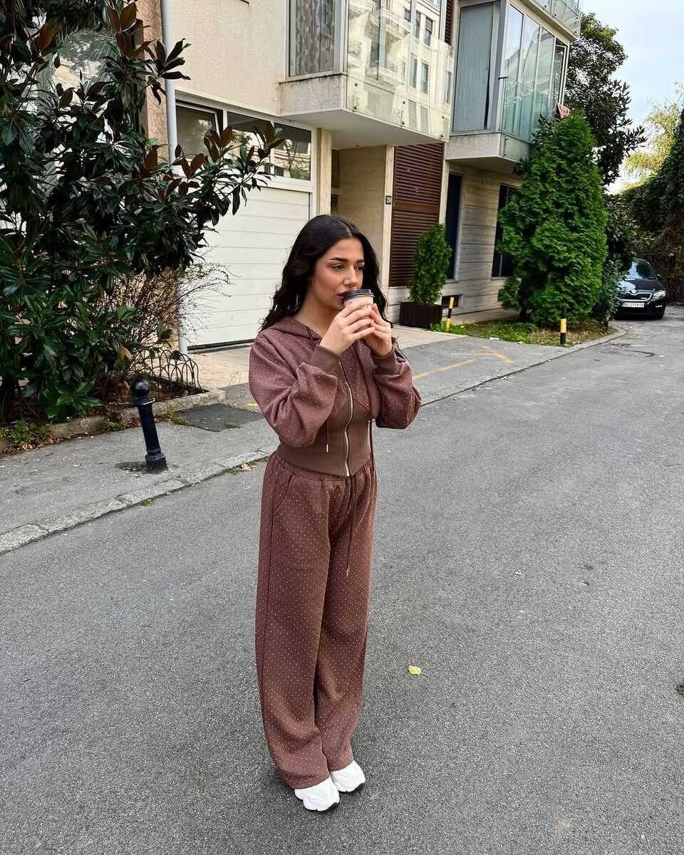 2Lİ TAŞ BASKILI TAKIM KAHVERENGİ