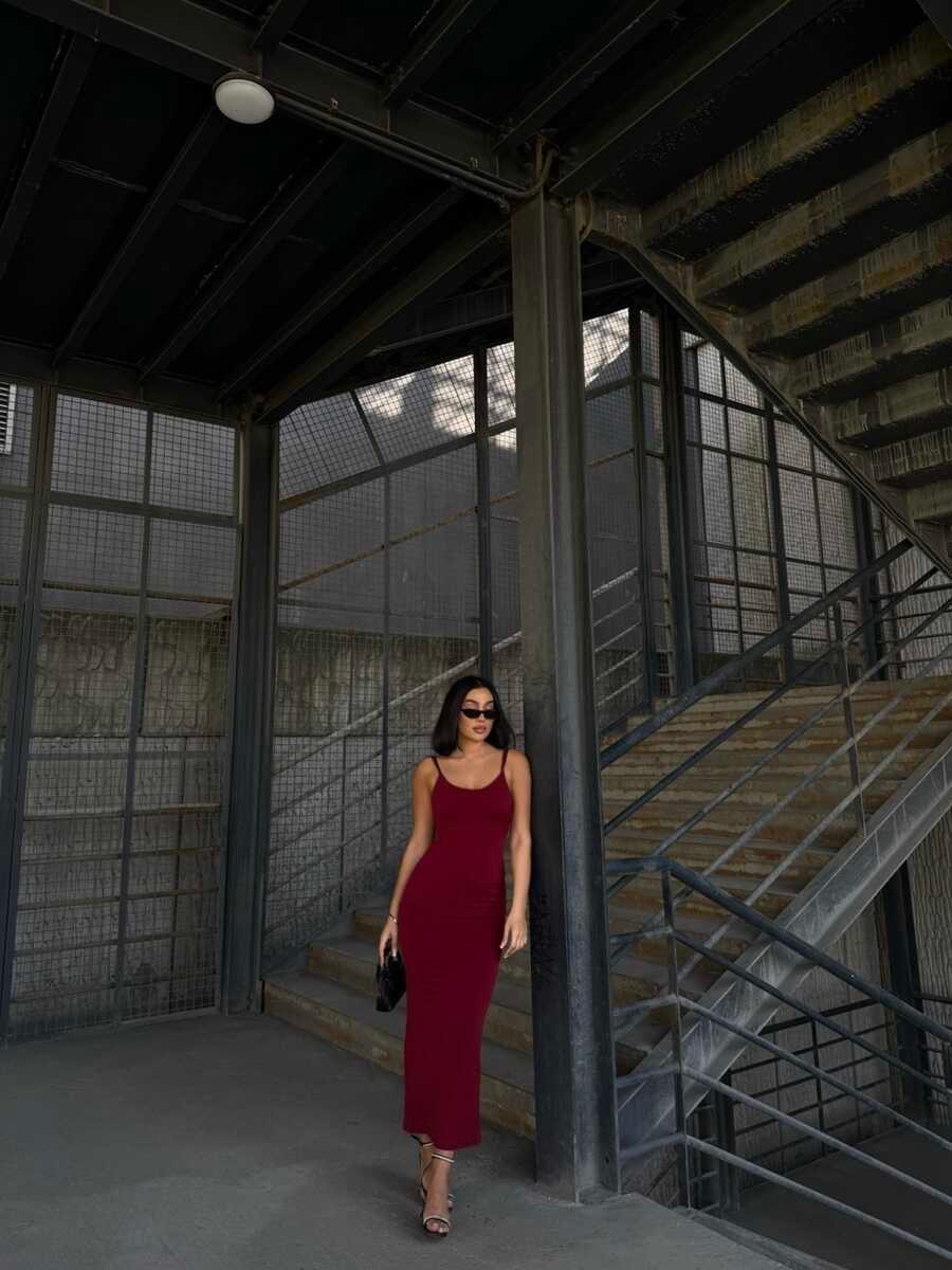 UZUN ASKILI SANDY ELBİSE BORDO