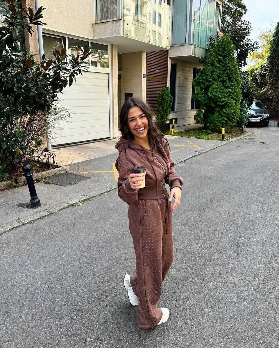 2Lİ TAŞ BASKILI TAKIM KAHVERENGİ