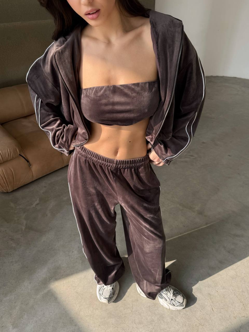 3'LÜ KADİFE EŞOFMAN TAKIM - KAHVE