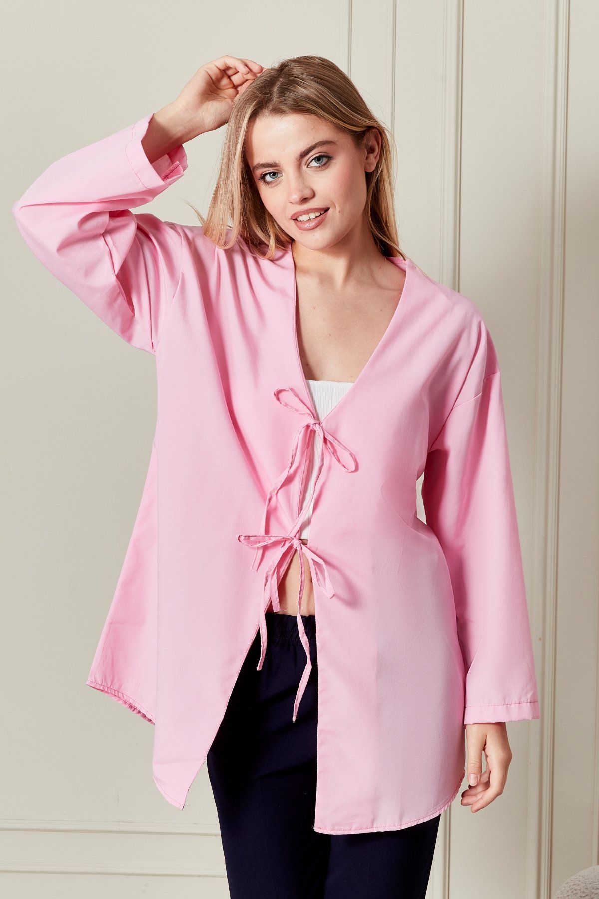Kadın Basic Kimono Poplin Kumaş 7007 - Pembe