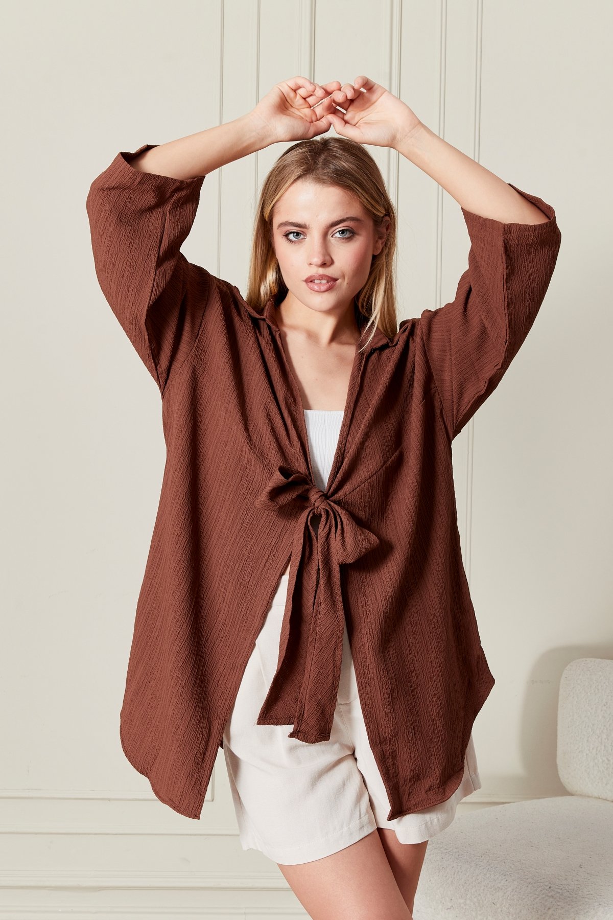 Kadın Arka Pile Bağlamalı Kimono 7040 - Kahverengi