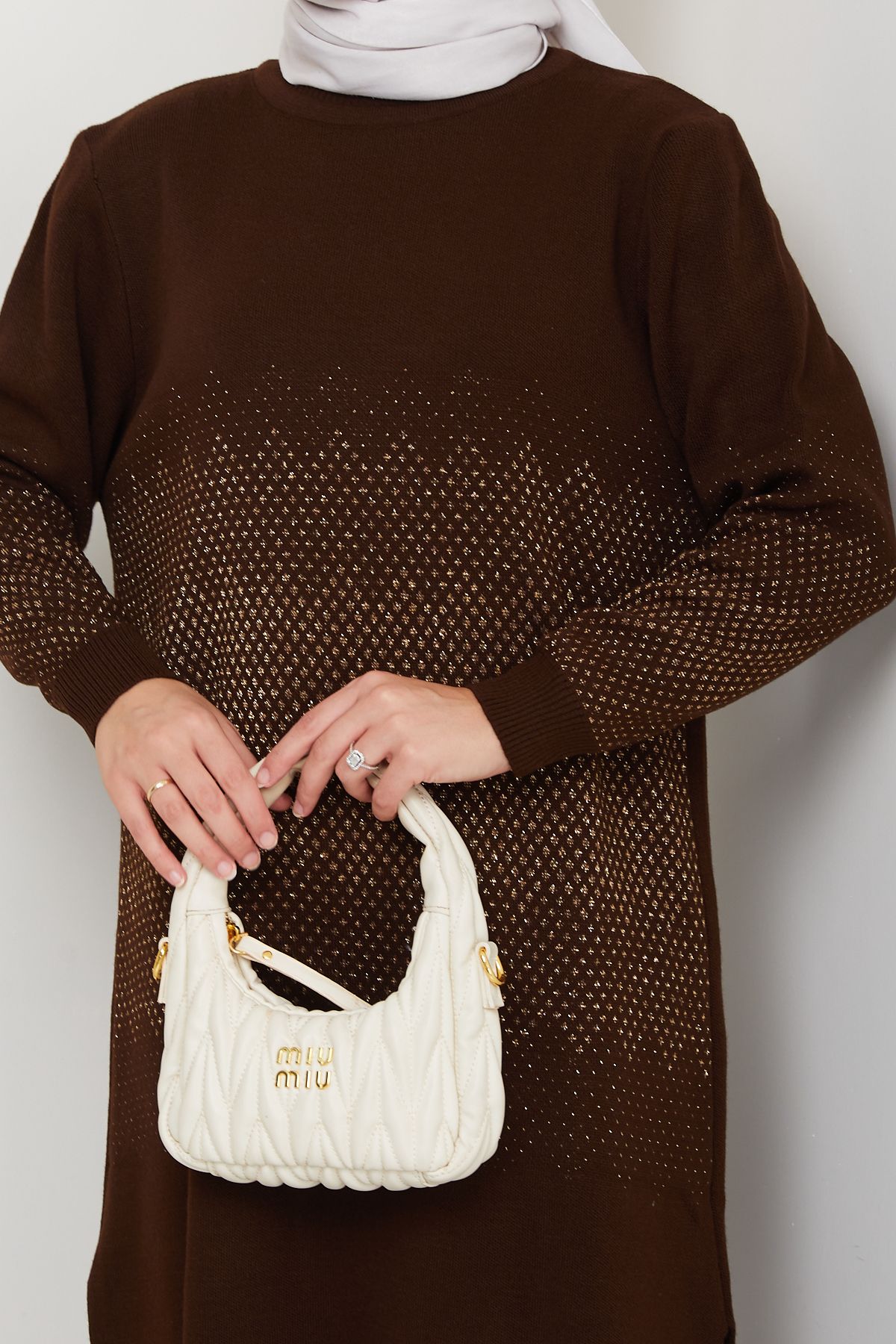 Elegance Simli Dokuma Rahat Kalıp Kadın Tunik ve Pantolon Tesettür Triko Takım