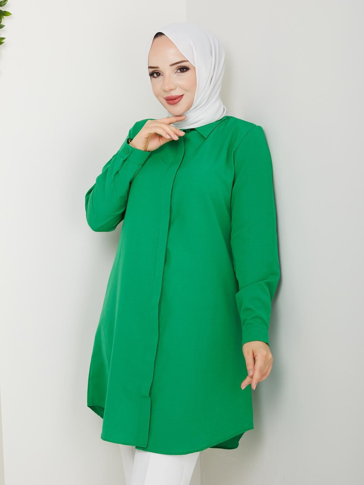 Kadın Uzun Boyfriend Gömlek Tunik , İç Göstermez Tam Kalıp Uzun Tesettür Gömlek - Yeşil