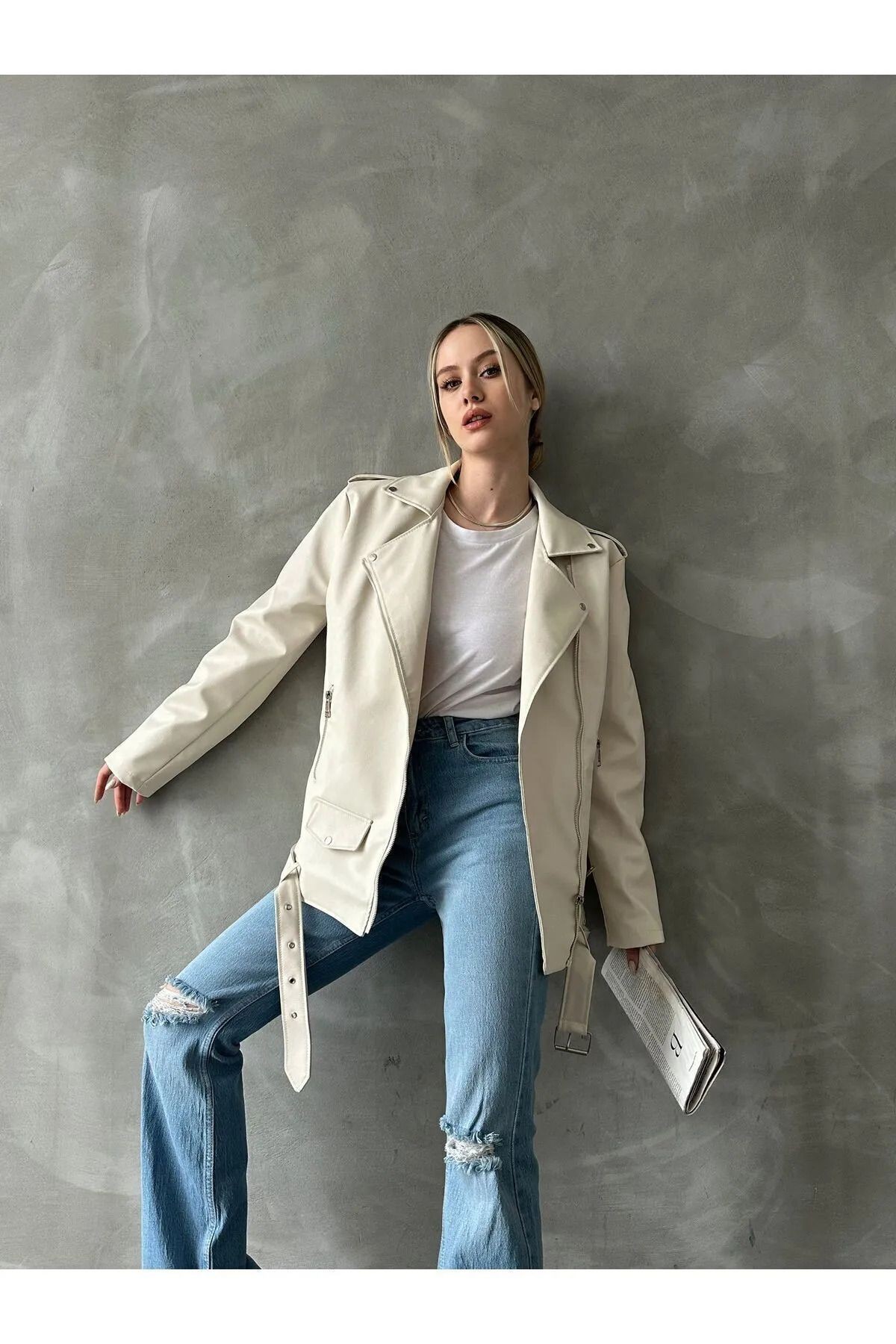 Oversize Kadın Uzun Biker Deri Ceket