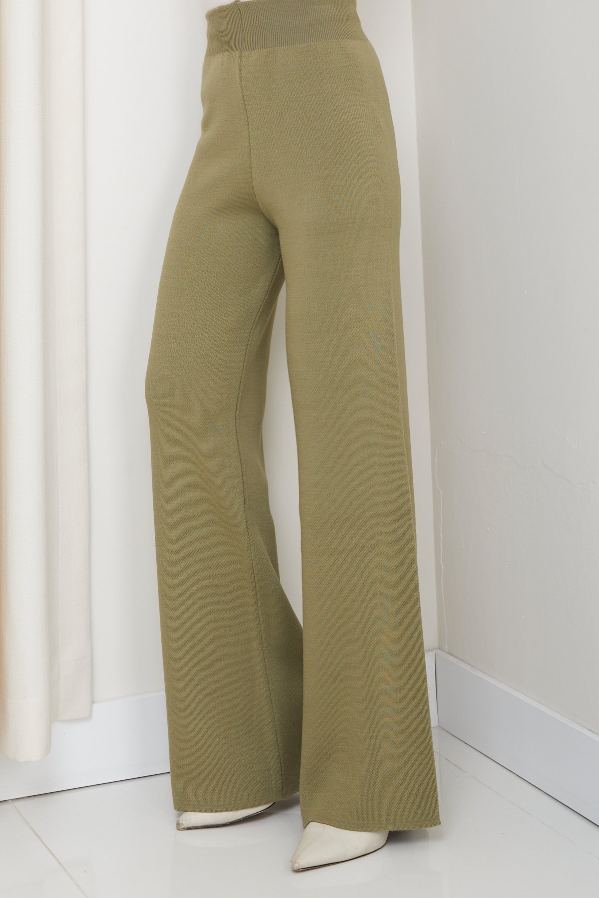 Kadın kışlık rahat kalıp bol paça comfort beli lastikli triko pantolon 1