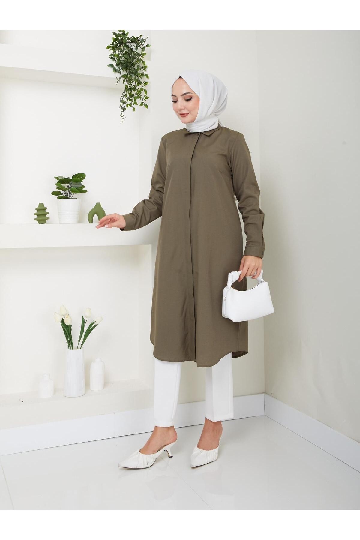 Uzun Gömlek Tunik Poplin Kumaş - haki yeşil