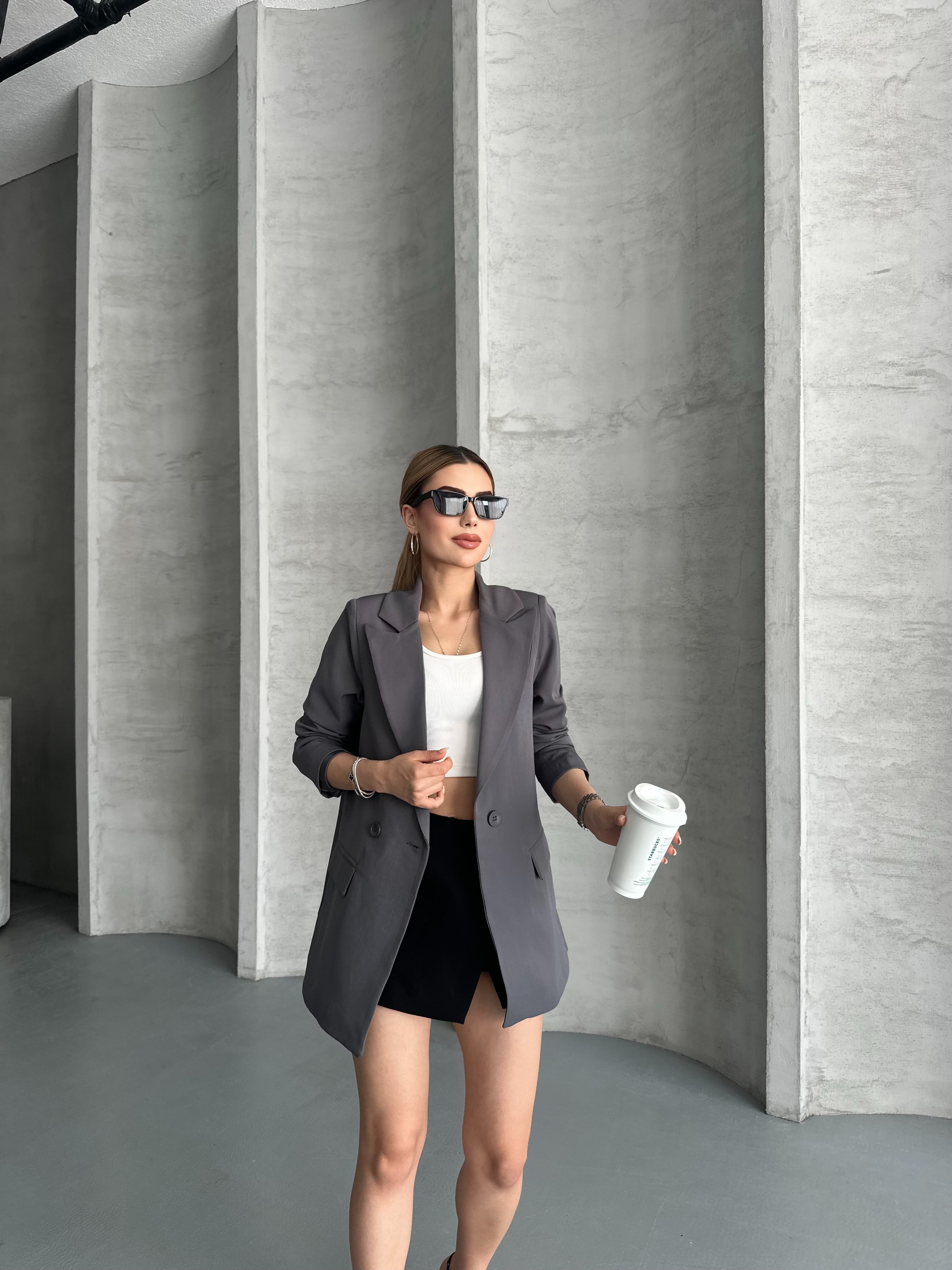 Kadın Astarlı Blazer Ceket  - koyu gri