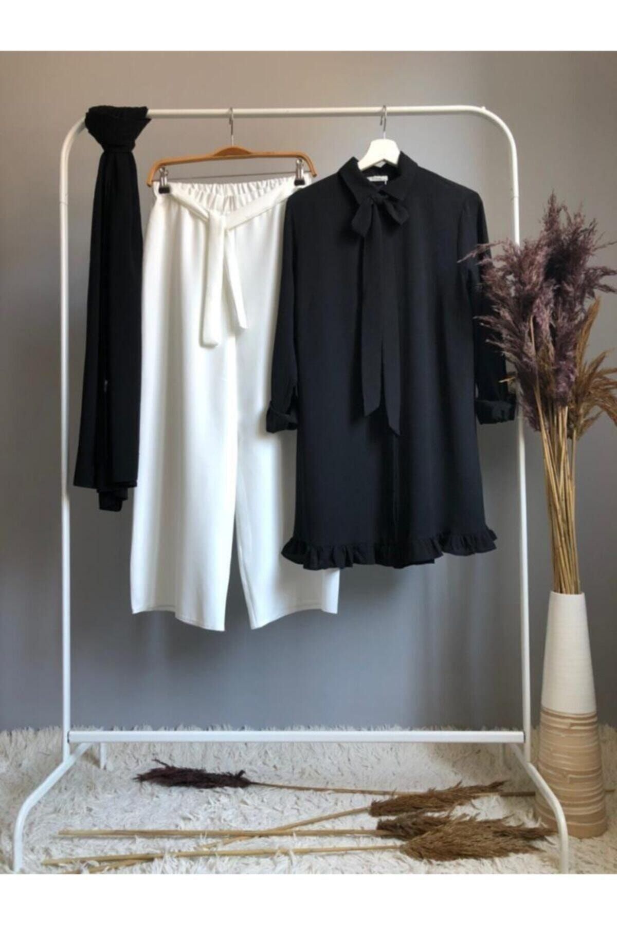 Kombin Kurdela Fırfır Detaylı Tunik Beyaz Pantolon