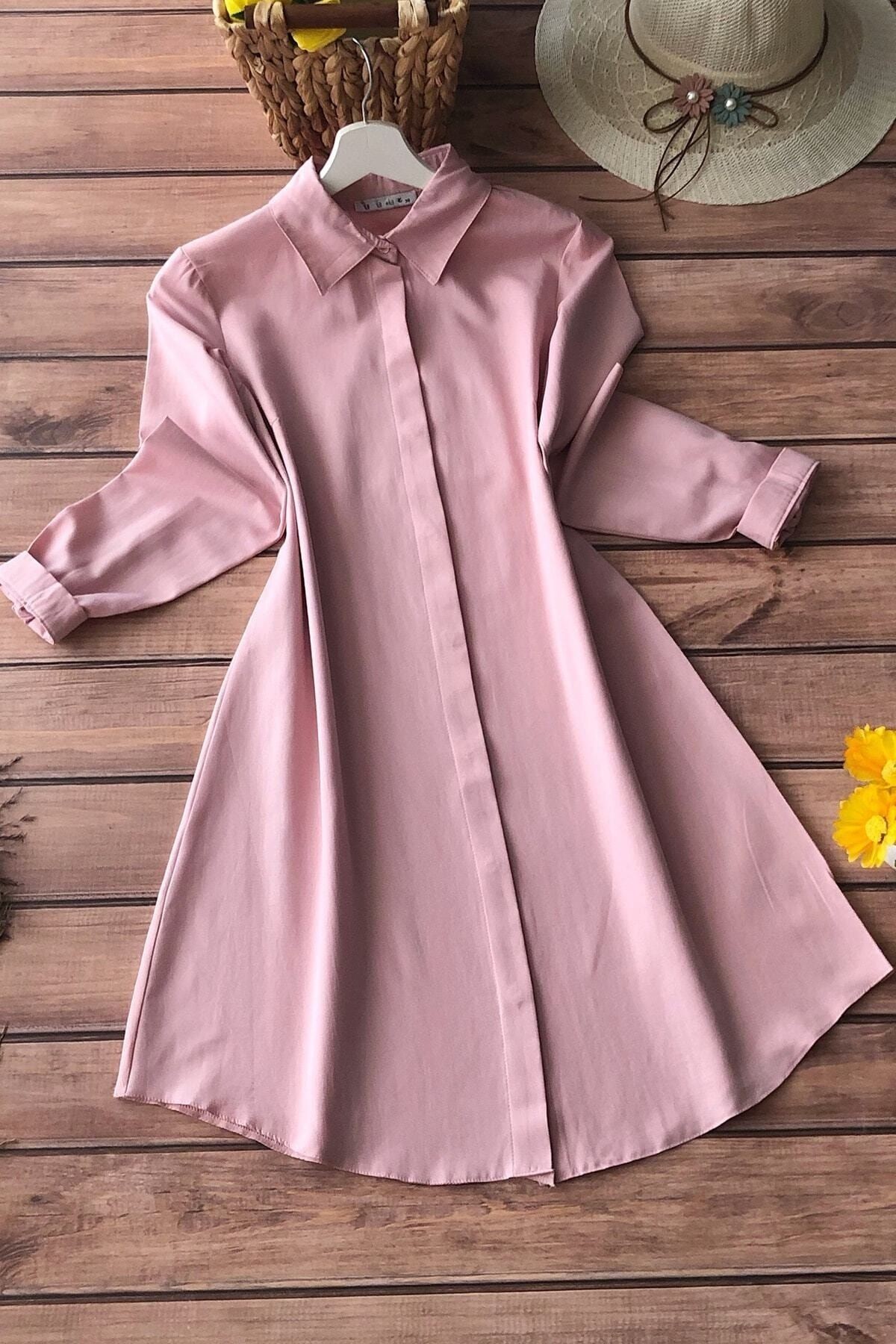 Kadın  Siyah Boyfriend Tunik Gömlek - Pembe
