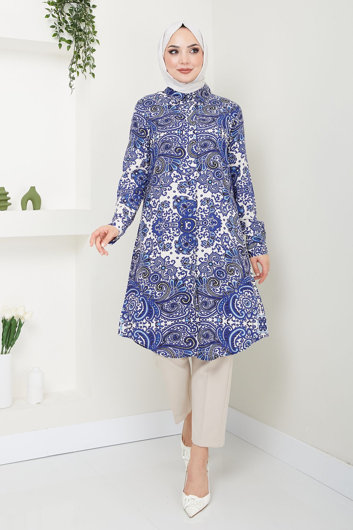 Desenli Viskon Tunik - Mandala Desen - Mavi