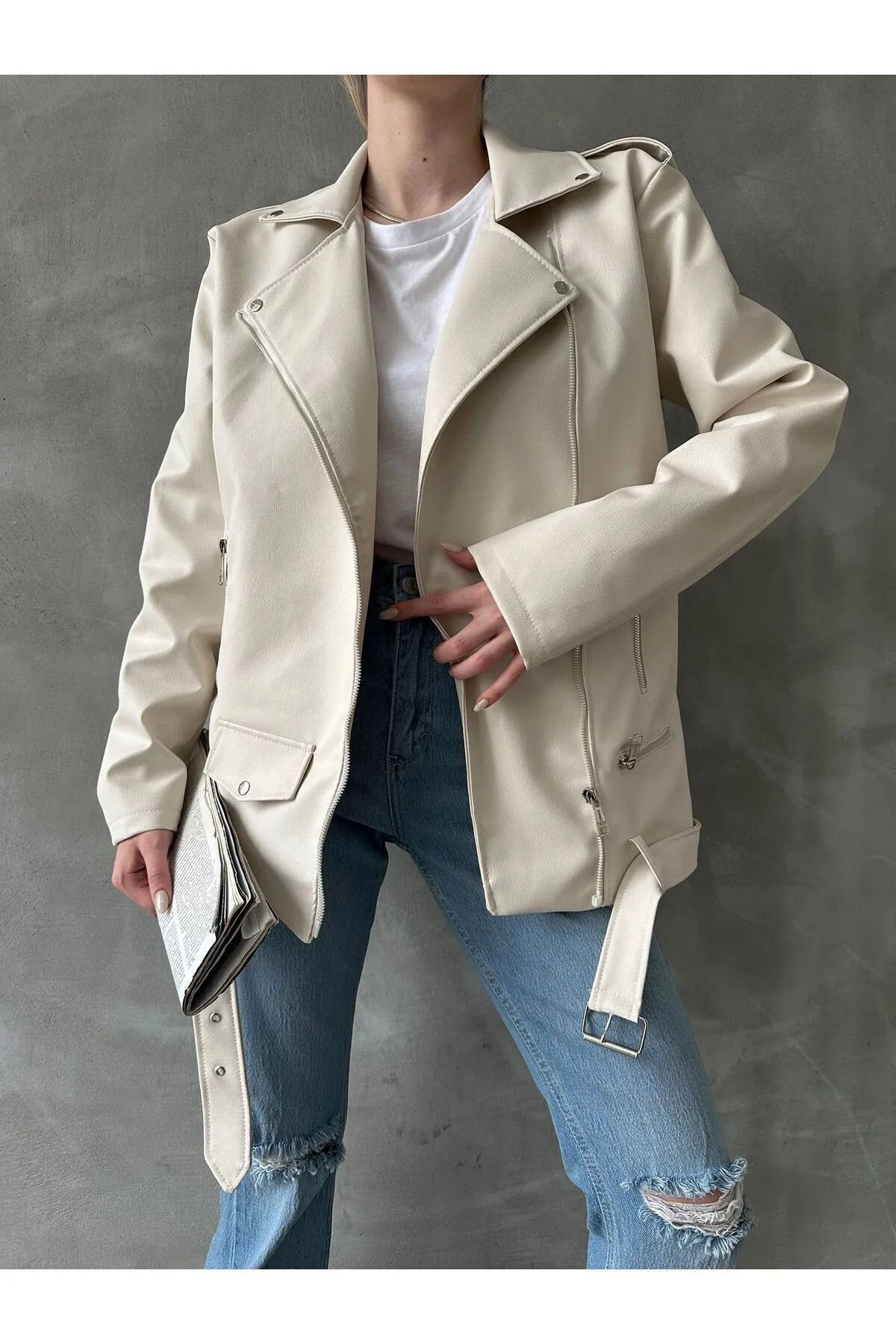 Oversize Kadın Uzun Biker Deri Ceket