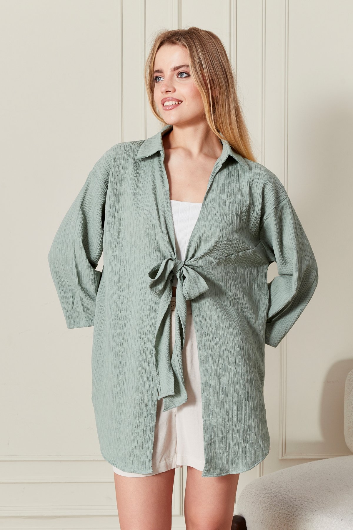 Kadın Arka Pile Bağlamalı Kimono 7040 - su yeşili