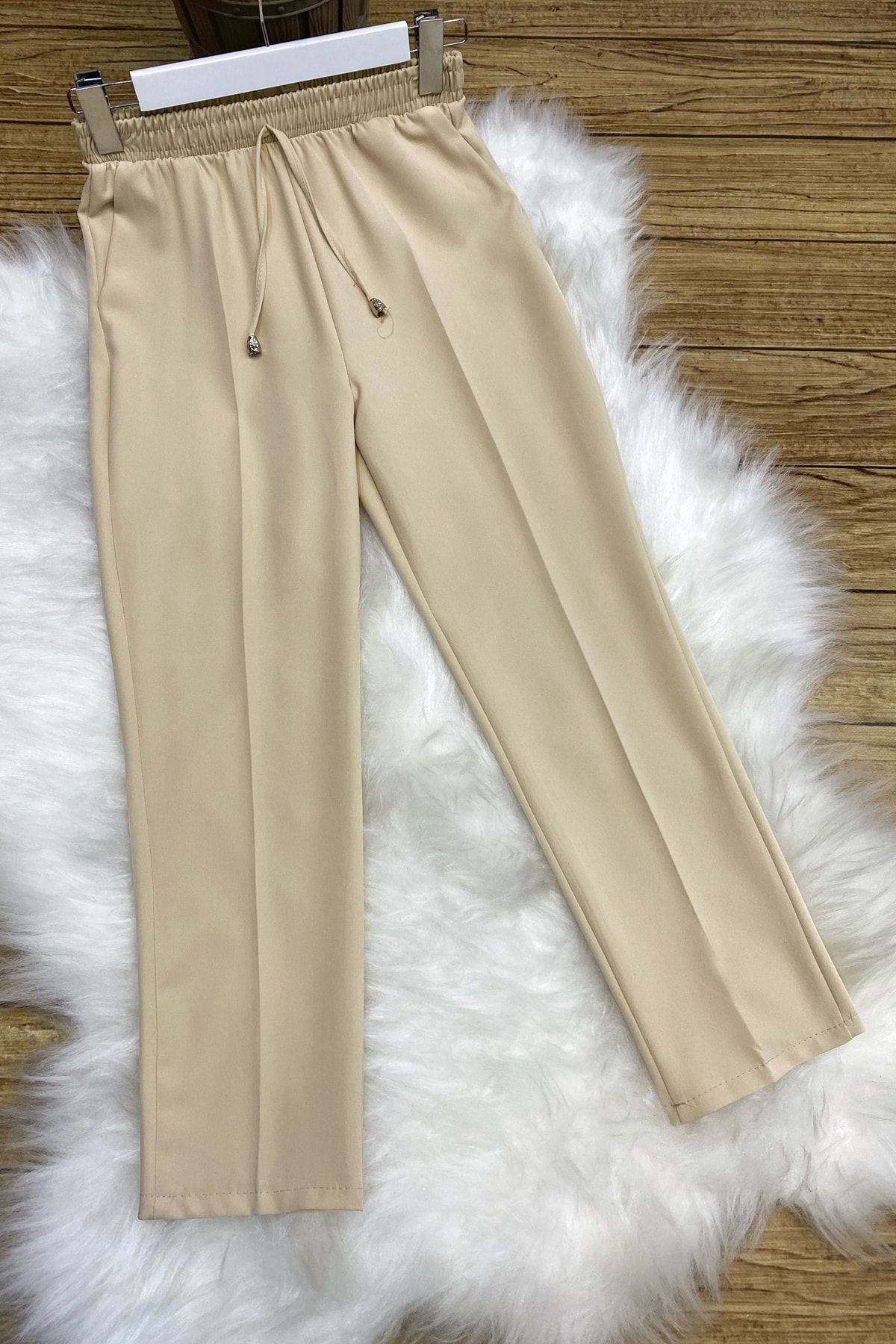 Bilek Boy Beli Lastikli Havuç Kesim Kumaş Pantolon - Krem