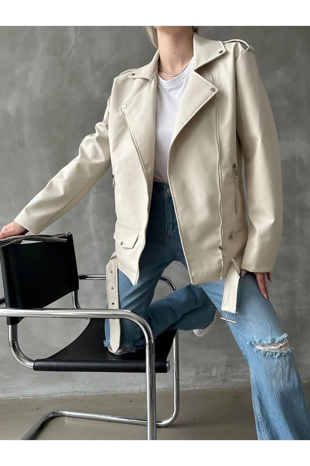 Oversize Kadın Uzun Biker Deri Ceket