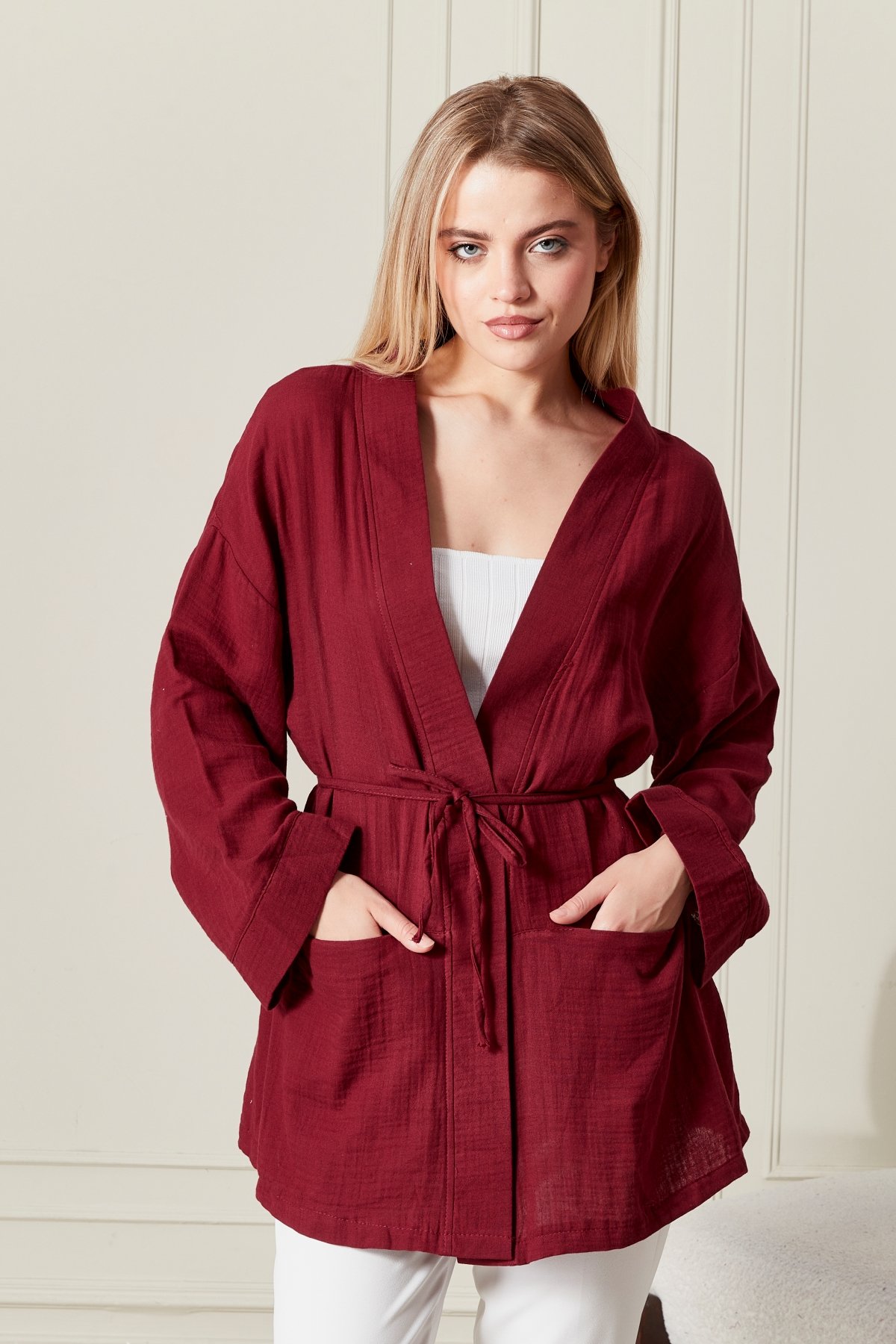 Kadın Belden Bağlamalı Kimono Pamuk Keten 4802 - Bordo