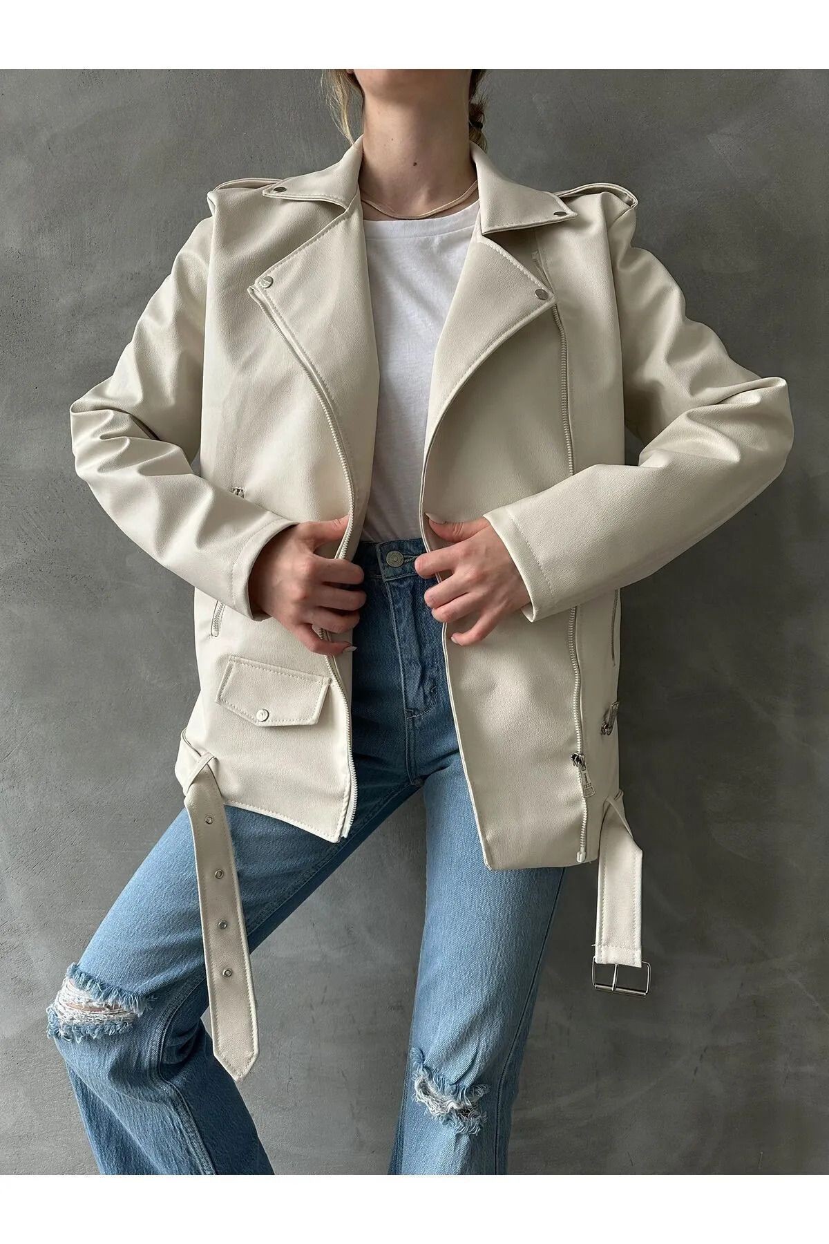 Oversize Kadın Uzun Biker Deri Ceket