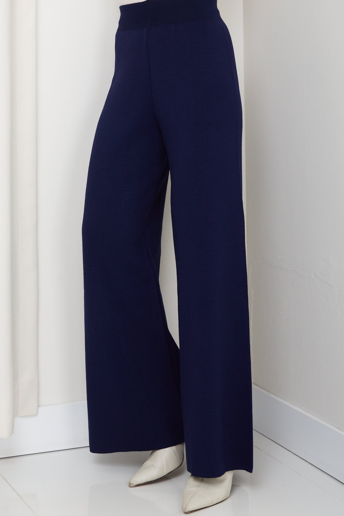 Kadın kışlık rahat kalıp bol paça comfort beli lastikli triko pantolon 1 - Lacivert