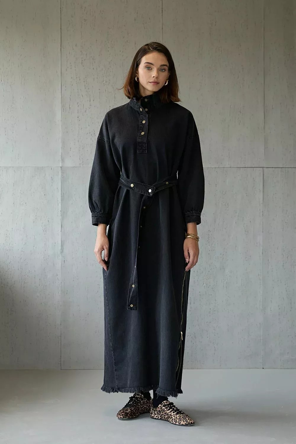 1005 Yan Fermuarlı Denim Elbise