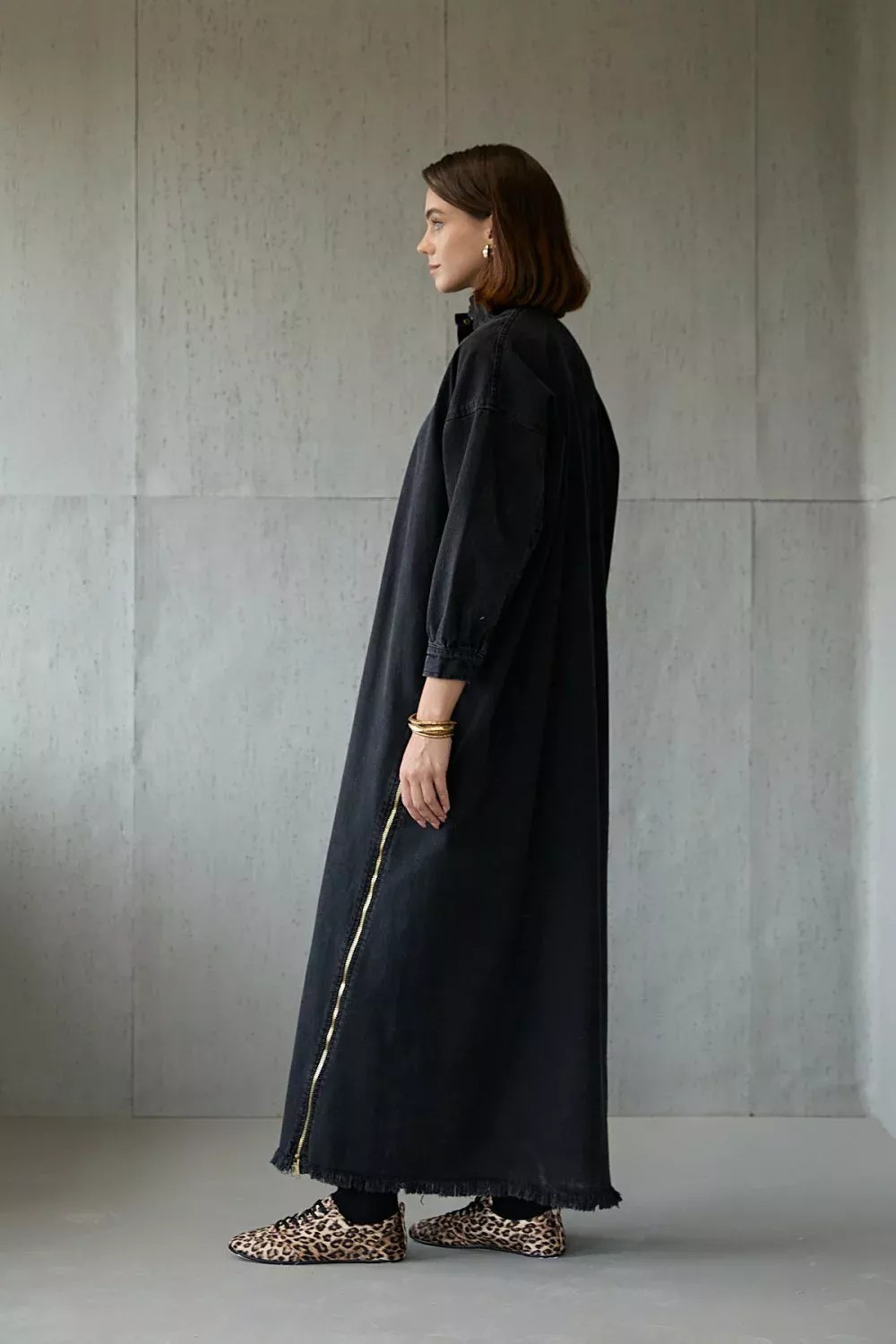 1005 Yan Fermuarlı Denim Elbise