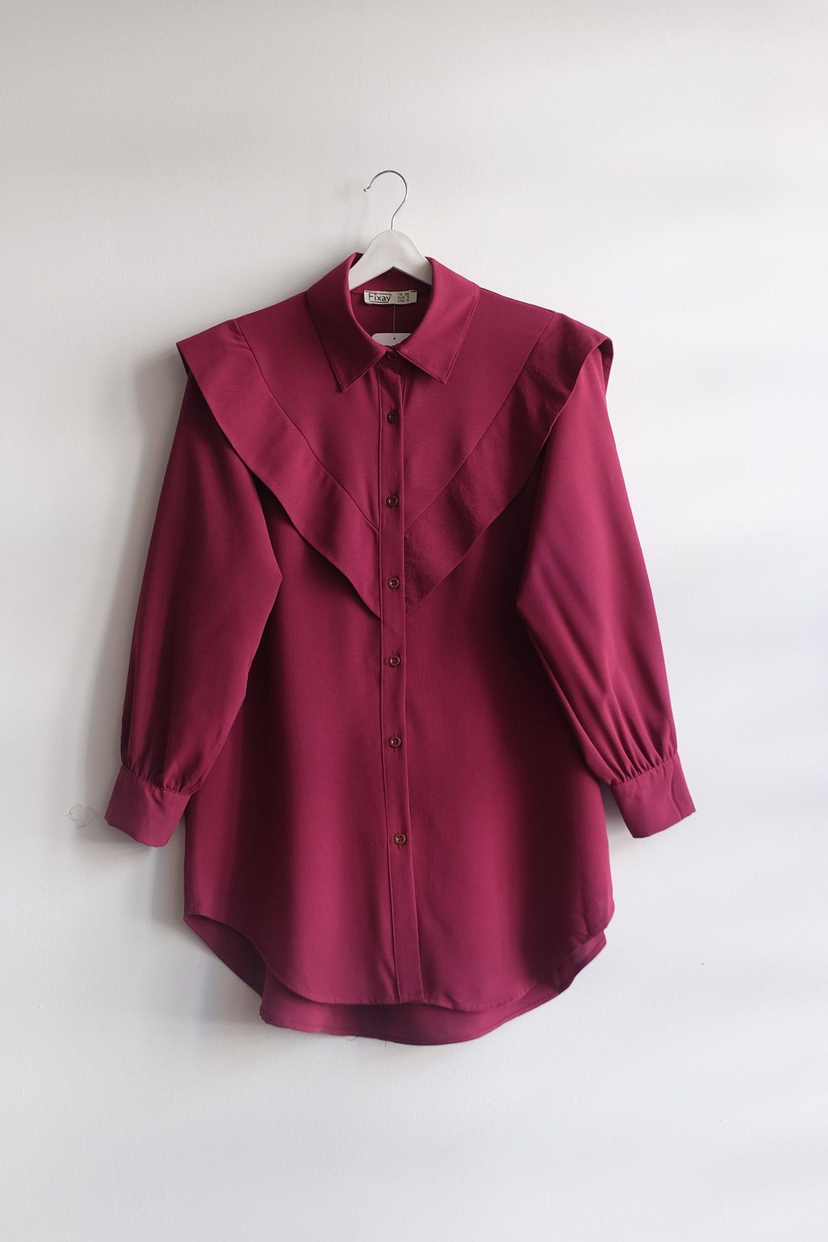 V Detaylı Düğmeli Tunik - Bordo