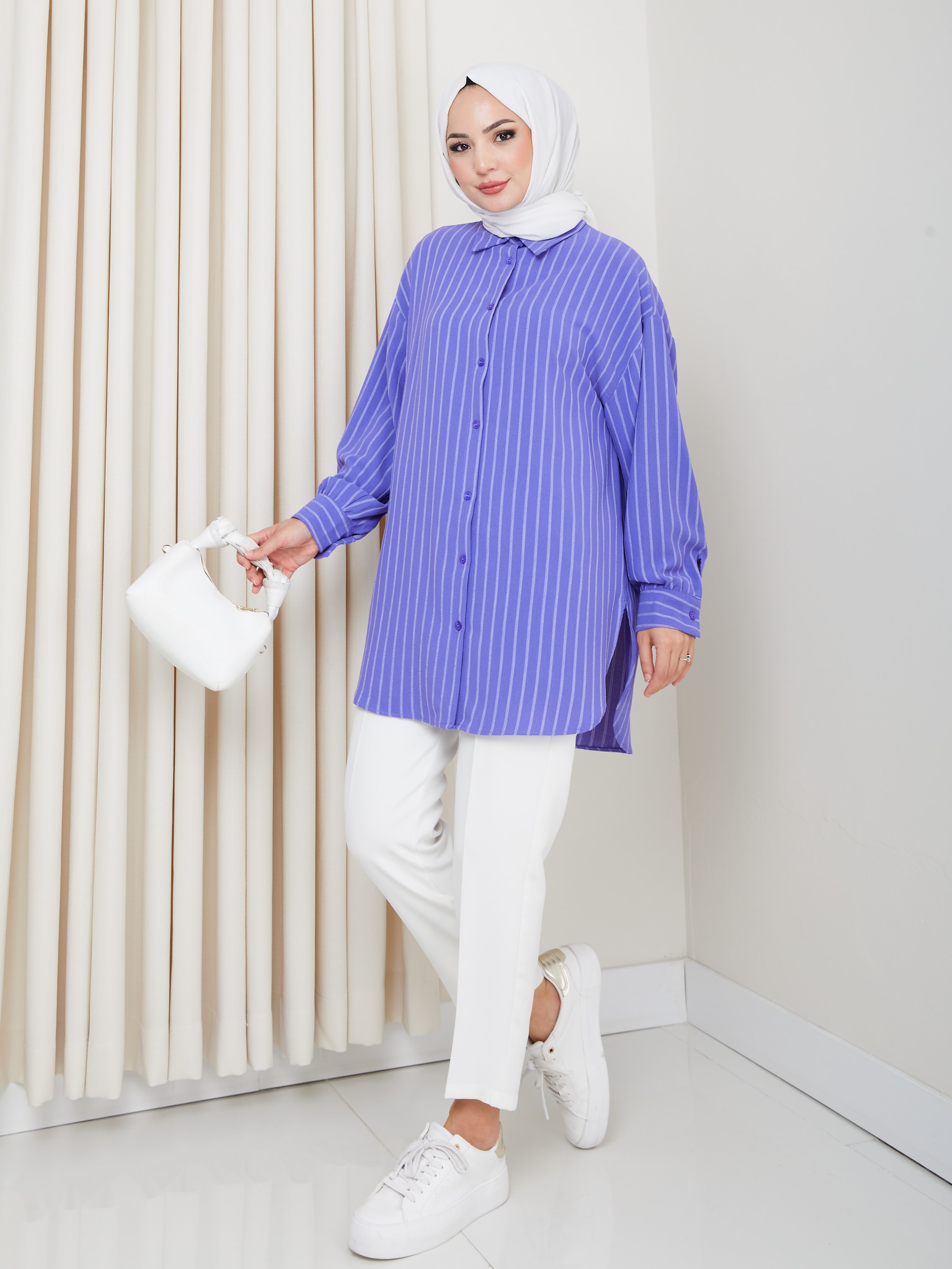 Çizgili Desen, Terletmez Kumaş, Rahat Kalıp Yazlık Tunik Gömlek