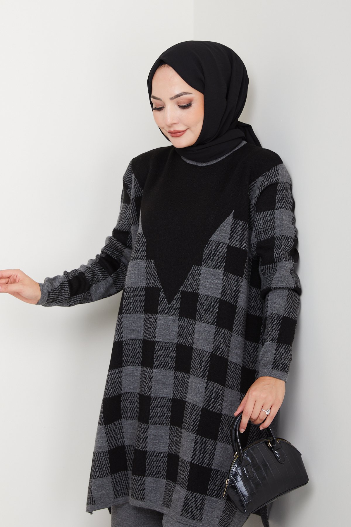 Ekose Desen Çelik Örgü Rahat Kalıp Kadın Tunik ve Pantolon Triko Takım